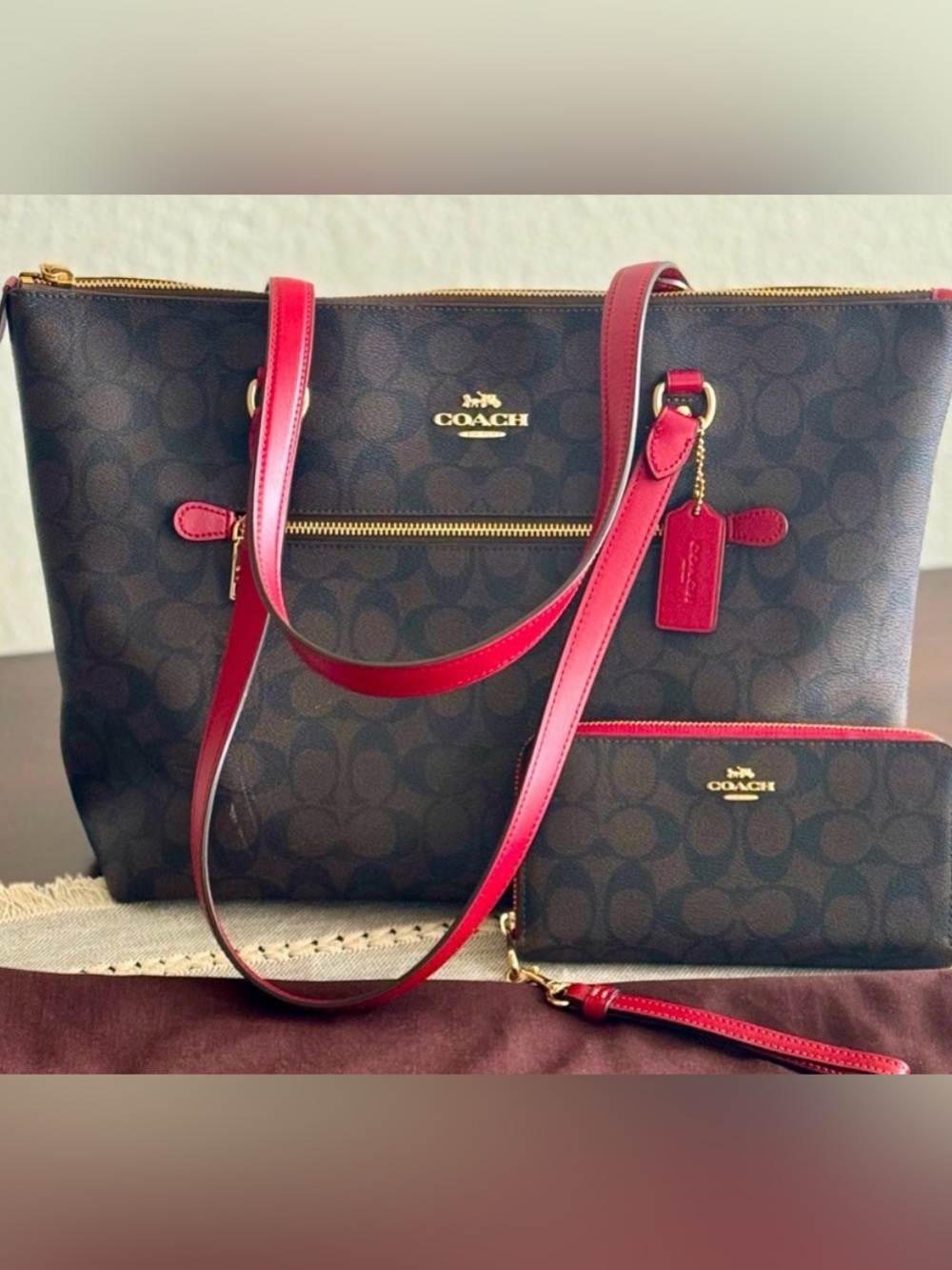 COACH Tote H2139-79609 w Matching Accordion Wristlet Wallet Brown/Red